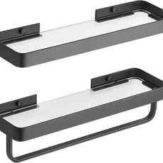 2PCS 15.7 Inch Floating Bathroom Shelves with Towel Bar, Clear Tempered Glass Wall Shelf with Hand Towel Holder for Bathroom Storage Organizer, Matte Black
