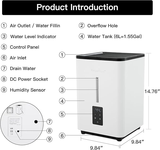 Evaporative Humidifiers for Bedroom Large Room|1.55Gallons|20W evaporative cool mist humidifier|7 Speed | MAX Output 1000 ml/h | Auto Humid | Top Filling