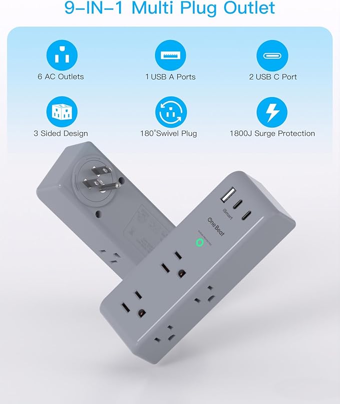 Surge Protector Outlet Extender with Rotating Plug, 6 AC Multi Plug Outlet with 3 USB Ports (2 USB C), 1800 Joules, 3-Sided Swivel Power Strip with Spaced Outlet Splitter for Home, Office, Dorm, Grey
