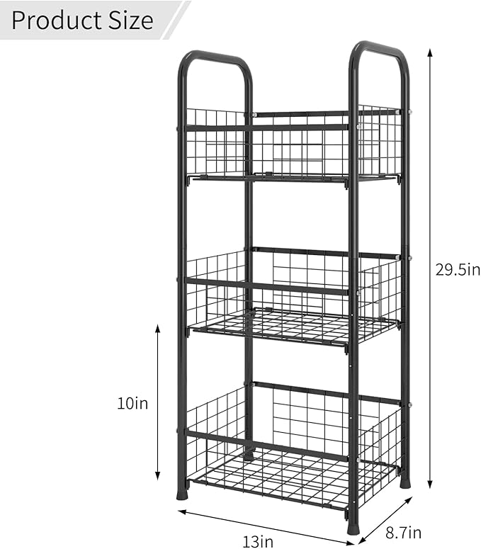 3-Tier FreeStanding Open Shelf,Bathroom Organizer Shelves Unit with Adjustable Feet, Metal Steel Storage Tower Organizer Rack Basket Cart for Bathroom, Living Room, Balcony, Kitchen