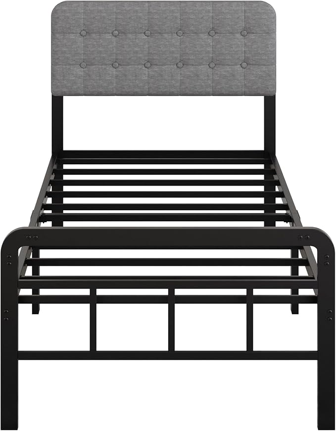 Twin Bed Frames with Upholstered Headboard and Metal Footboard 14 Inch, Twin Platform Bed Frame with Strong Metal Slats Support, Under-Bed Storage, Noise Free, Easy Assembly