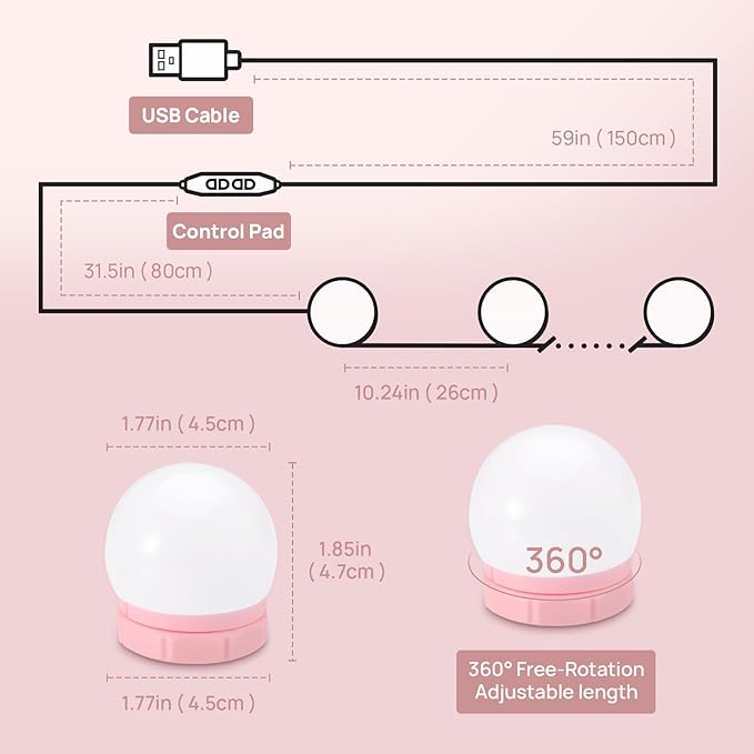 Consciot LED Vanity Lights for Mirror, Hollywood Style Vanity Light with 10 Dimmable Bulbs, Adjustable Color & Brightness, USB Cable, Mirrors Lights Stick on for Makeup Table Dressing Room Mirror