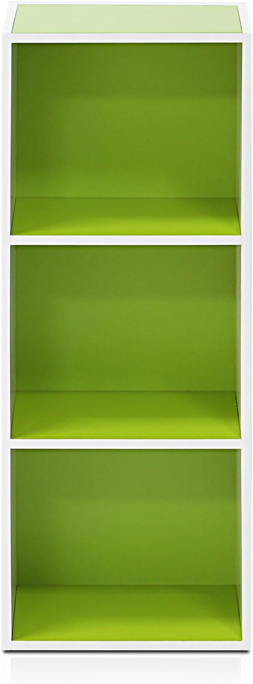 Furinno LUDER Book Shelf, 3-Cube Bookshelf, Bookcase with Open Shelves, 9.3 x 12 x 31.5, for Living Room, Bedroom, Home Office, White/Green