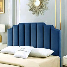24KF Navy Blue Velvet Tufted Queen Upholstered Headboard, Modern Vertical Channel Design California Queen/Full Headboard with Stepped Silhouette Top Edge, 6026-Q-Navy Blue