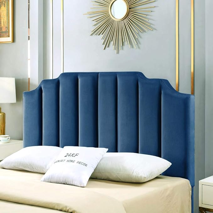 24KF Navy Blue Velvet Tufted Queen Upholstered Headboard, Modern Vertical Channel Design California Queen/Full Headboard with Stepped Silhouette Top Edge, 6026-Q-Navy Blue