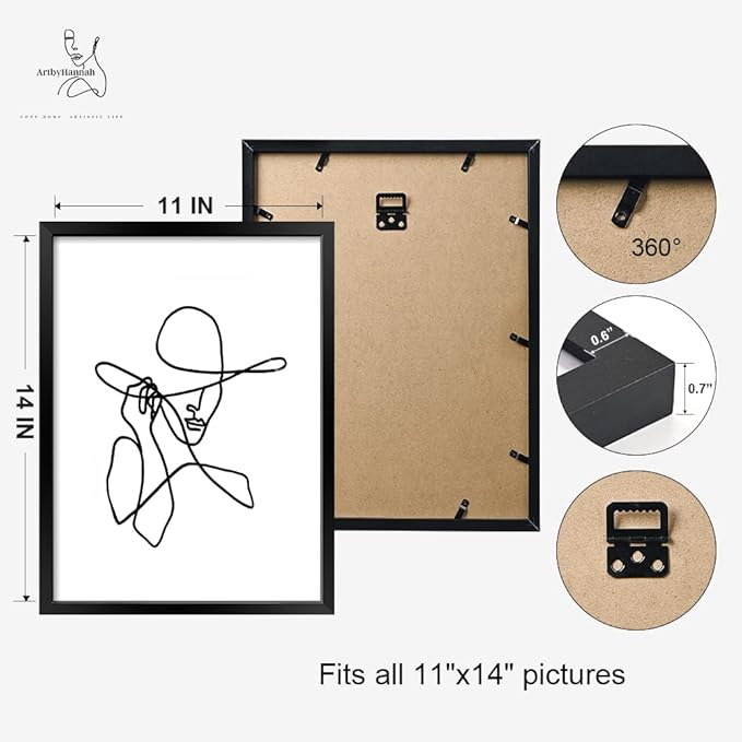 ArtbyHannah Framed Wall Art for Bedroom Decor, 11x14 Inch Modern Artwork Minimalist Line Abstract Wall Decor Black Picture Frames for Living Room Bathroom Decorations (3 Pack)