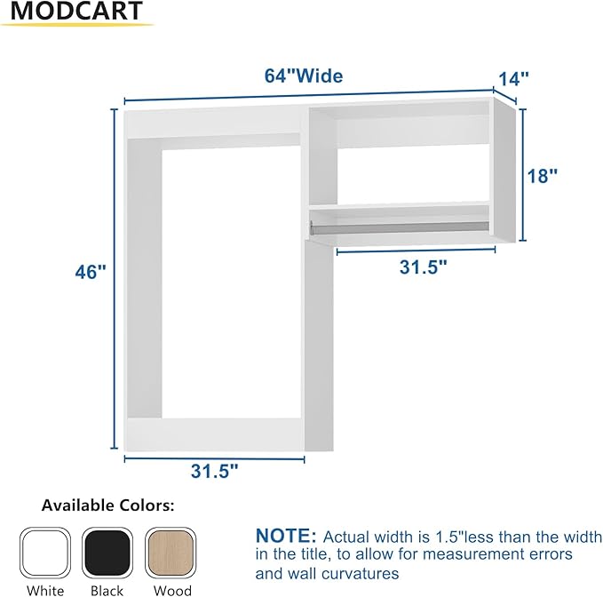 Modular Closet, 64" Wide Organizer with Hanging, Wood Tower Storage for Walk-in Closets, Wall-Mounted Wardrobe Organizer, White