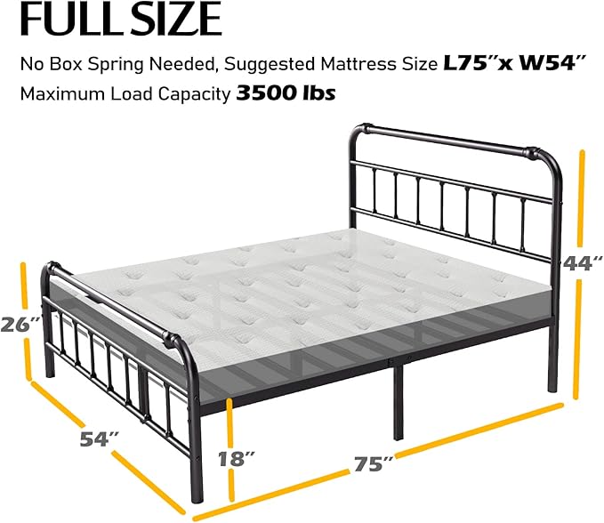 Full Size Bed Frame with Headboard and Footboard, 18 Inches High, 3500 Pounds Heavy Duty Metal Slats Support for Mattress, No Box Spring Needed, Noise-Free, Black