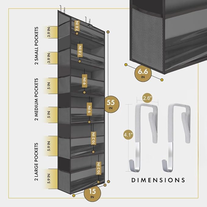 HOMELUX THEORY UPGRADED Over The Door Organizer Hanging - 100D EXTRA THICK & 50lbs HUGE CAPACITY 6 Large Front & 12 Side Pockets, Over The Door Shoe Organizer, Hanging Closet Organizer (DarkGray, 1pc)