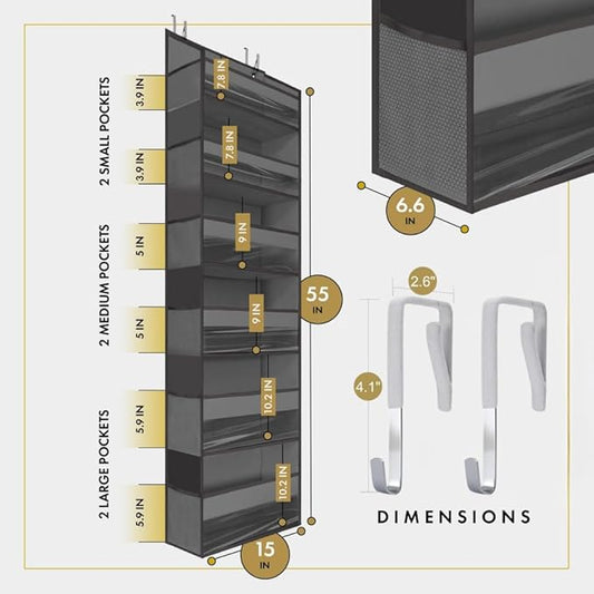 HOMELUX THEORY UPGRADED Over The Door Organizer Hanging - 100D EXTRA THICK & 50lbs HUGE CAPACITY 6 Large Front & 12 Side Pockets, Over The Door Shoe Organizer, Hanging Closet Organizer (DarkGray, 1pc)