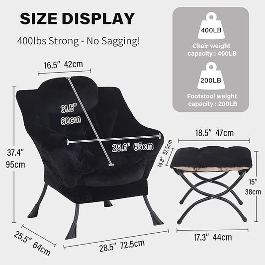 Tiita Lazy Chair with Ottoman, Modern Large Accent Lounge Armchair, Comfy Leisure Sofa Reading Chair with Footrest for Bedroom, Living Room, Dorm Rooms, Garden and Courtyard, Plush Black