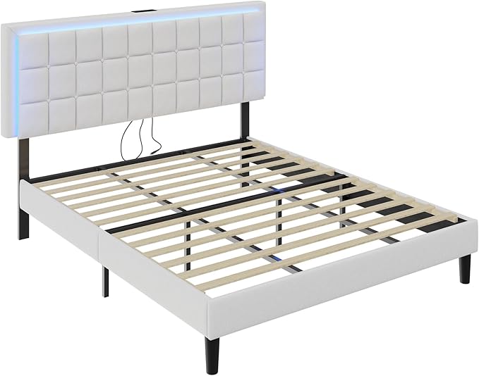 AMERLIFE King Size Button Tufted Platform Bed Frame with LED Lights, Upholstered Bed Frame with Charging Station, Wood Slat Support, Mattress Foundation, White