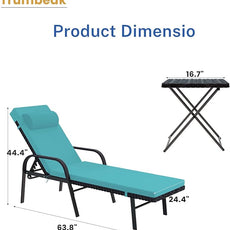 Patio Chaise Lounge Set 3 Pieces Pool Lounge Chairs,Cushioned Outdoor Folding Lounge Chair w/Arm and Rattan Adjustable Backrest for Poolside Porch,Folding Table Included,Turquoise Blue