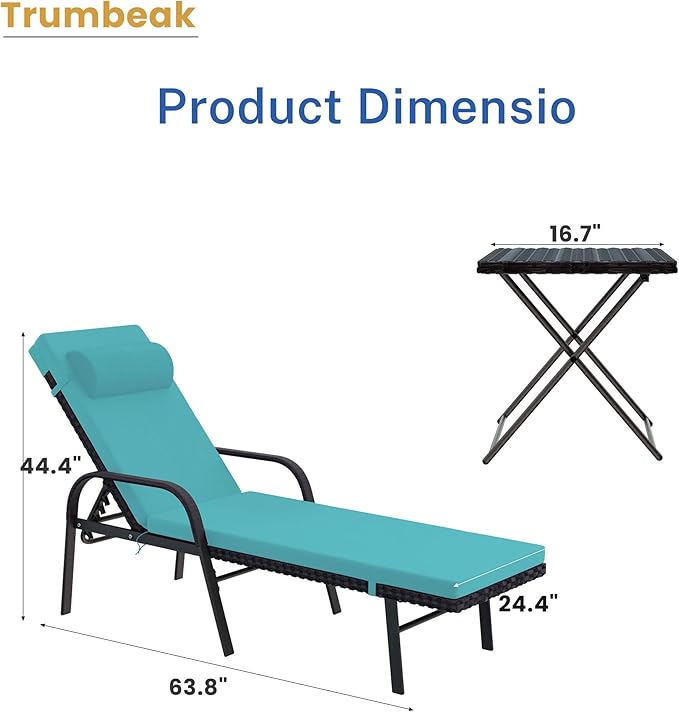 Patio Chaise Lounge Set 3 Pieces Pool Lounge Chairs,Cushioned Outdoor Folding Lounge Chair w/Arm and Rattan Adjustable Backrest for Poolside Porch,Folding Table Included,Turquoise Blue