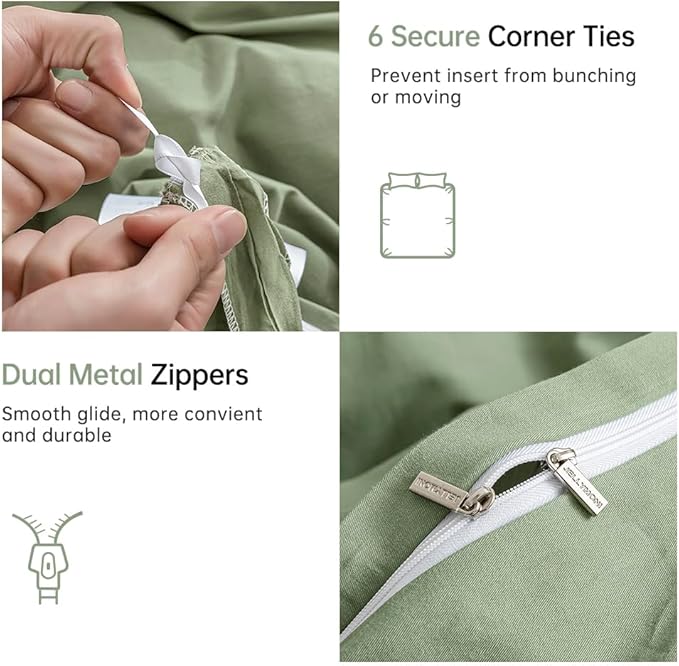 JELLYMONI Light Green Duvet Cover Full Size - 100% Washed Cotton Linen Like Textured Comforter Cover, 3 Pieces Breathable Soft Bedding Set with Zipper Closure (Light Green, Full 80"x90")
