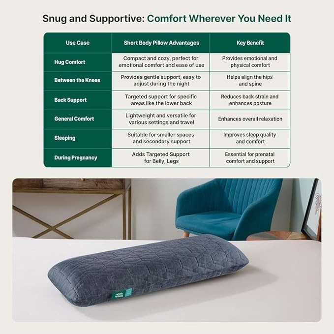 The White Willow Short Body Pillow Memory Foam Sleeping Soft Bed, Hug Pillow Insert for Sleeping & Side Sleeper (10W x 30L Inch) with Grey Zipper Cover Made from German Technology by BASF