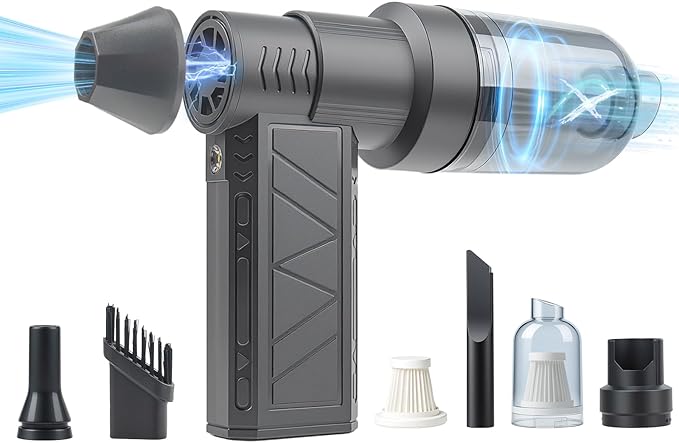 4-in-1 Compressed Air Duster with Light, Handheld Car Vacuum/Air Blower/Pump/Inflate 130000RPM Adjustable Electric Vacuum Cleaner for Computer Keyboard Car Home(Gray)