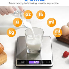 Food Scale - 15kg/33lb Rechargeable Digital Kitchen Scale with Full-View LCD Display, Grams and Ounces, Type-C or Batteries (Not Inc.), Easy Clean Stainless Steel, for Baking, Cooking, Black