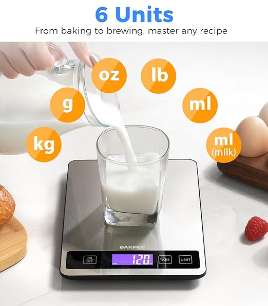 Food Scale - 15kg/33lb Rechargeable Digital Kitchen Scale with Full-View LCD Display, Grams and Ounces, Type-C or Batteries (Not Inc.), Easy Clean Stainless Steel, for Baking, Cooking, Black