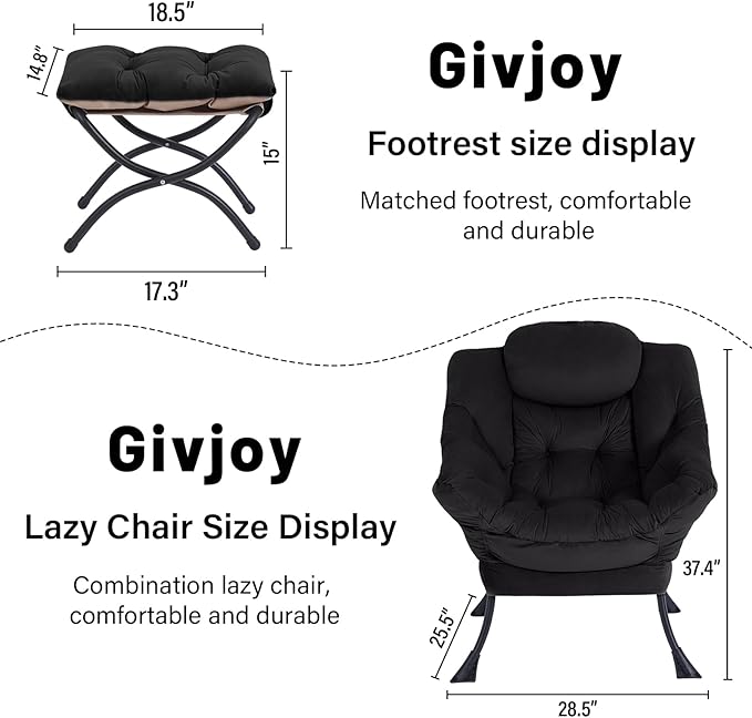 Cozy Lazy Chair and Ottoman, Large Contemporary Accent Lounge Chair Set, Leisure Upholstered Reading Armchair for Bedroom, Living Room, Dorm Rooms, Office