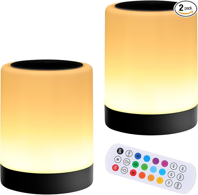 OORUN Touch Bedside Table Lamp,13 RGB Colors & 5 Brightness, USB Rechargeable Desk Lamp, Remote Control Dimmable Night Light with RGB Color Changing,Portable Lamp for Baby (2 Pack Black)