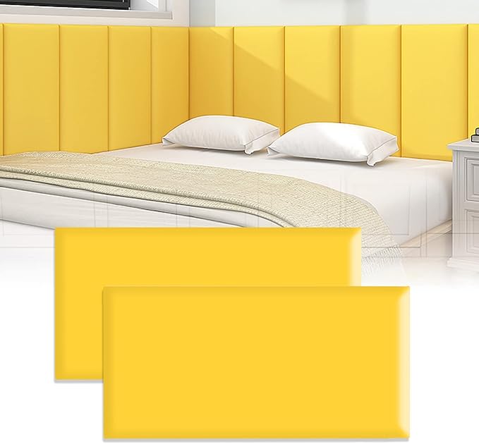 3D Anti-Collision Wall Padding, Peel & Stick Upholstered Panels, Queen Headboard, Playroom Decorative Protection, Pack of 2 Panels - 23.6' X 11.8' (Yellow)