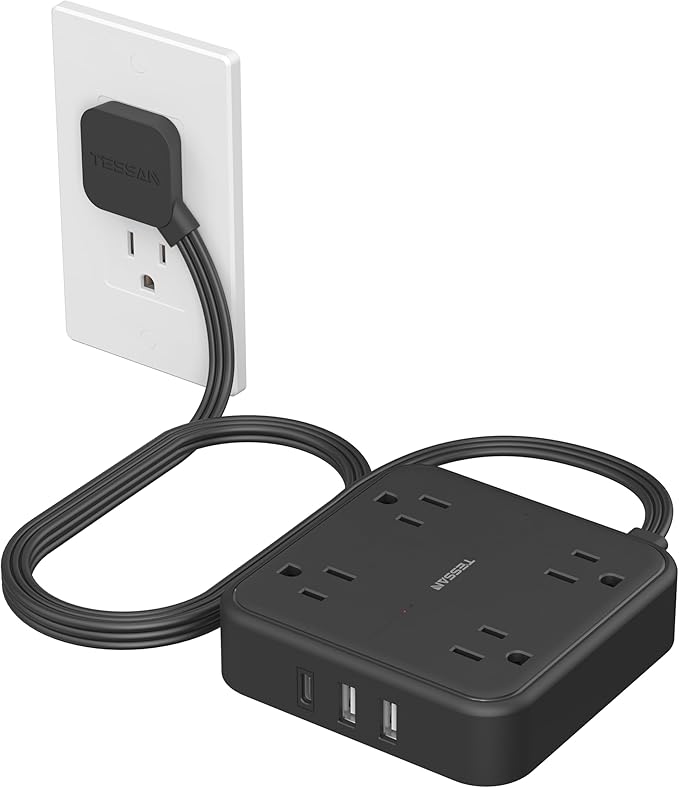 Surge Protector Flat Extension Cord 5FT, TESSAN Flat Plug Power Strip with 4 Outlets 3 USB C Ports (1 USB C), 900 Joules Protection, Multiple Wall Outlet Extender Suitable for Home Office Dorm, Black