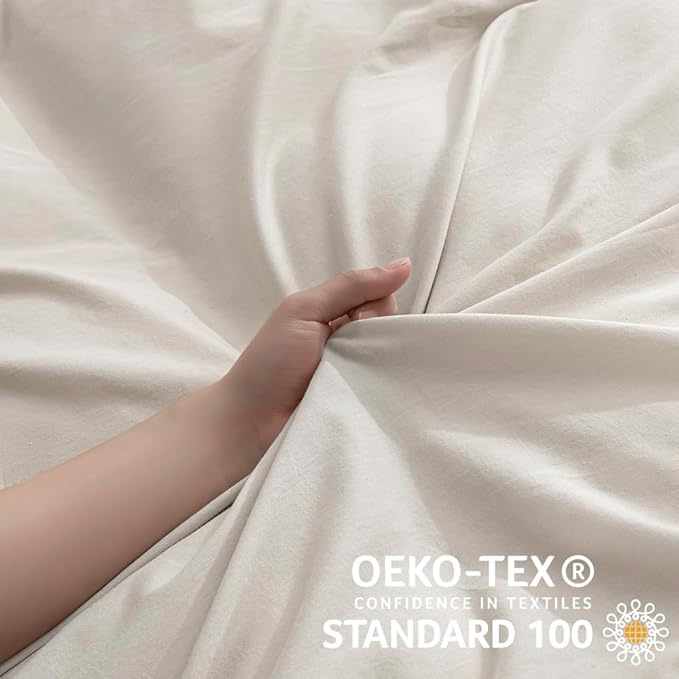 JELLYMONI Cotton Duvet Cover Full Size - Beige Comforter Cover with Button 100% Washed Cotton 3PCS Breathable Soft Solid Bedding Set Duvet Cover 80×90in & 2 Pillowcases (NO Comforter)