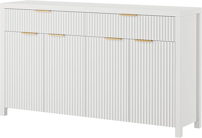 Lulive White Fluted Buffet Cabinet with Storage 55 inch Wood Large Sideboard with Adjustable Shelves for Entryway Kitchen Living Room