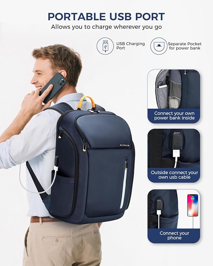 17 Inch Laptop Backpack for Men, Business Travel Anti-Theft Backpack with USB Charging Port, Water Resistant Computer Bag Carry On Flight Approved for Work College Weekender, Dark Blue