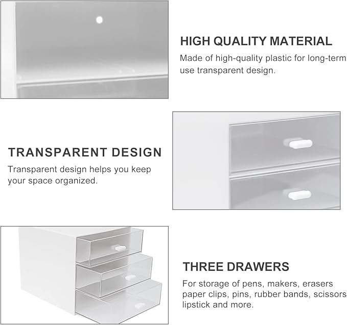 Desk Organizer with Drawer, Desk Storage Box, Plastic Office Stationery Supplies Organizers, Desktop Organizer for Office School Home (3 drawer, White)