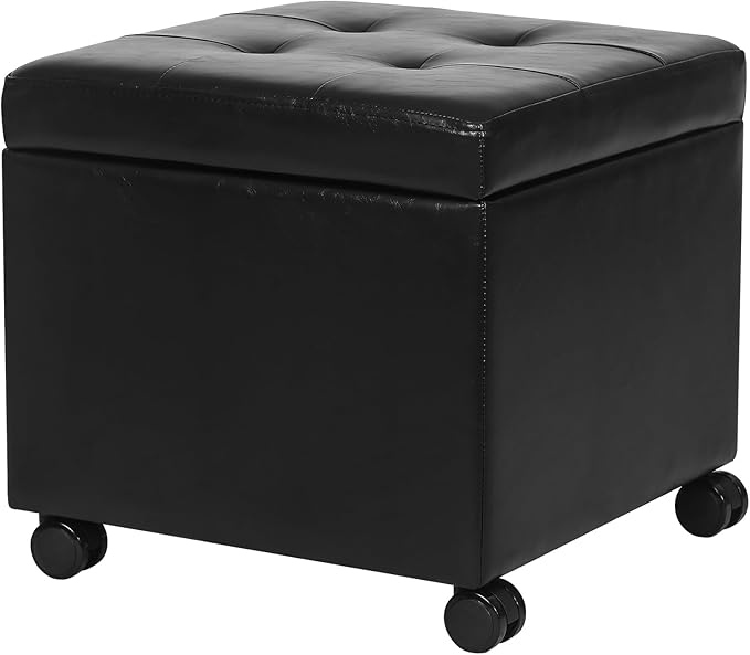 Ottoman with Wheels, 17 Inch Ottoman Footstool with Wheels, Small Square Faux Leather Ottomans Foot Rest Black Rolling Storage Bench, Hassocks and Ottomans, Footstools for Living Room