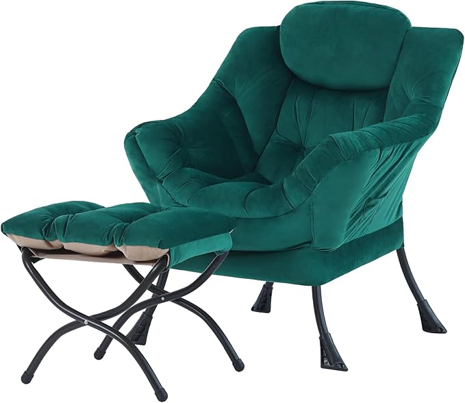 Tiita Lazy Chair with Ottoman, Modern Large Accent Lounge Armchair, Comfy Leisure Sofa Reading Chair with Footrest for Bedroom, Living Room, Dorm Rooms, Garden and Courtyard, Velvet Green