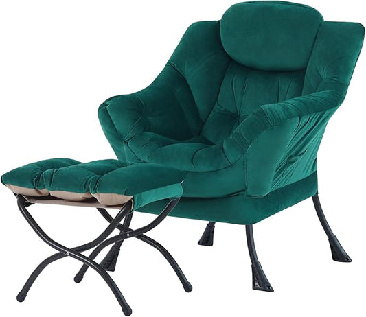 Tiita Lazy Chair with Ottoman, Modern Large Accent Lounge Armchair, Comfy Leisure Sofa Reading Chair with Footrest for Bedroom, Living Room, Dorm Rooms, Garden and Courtyard, Velvet Green