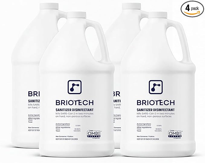 BRIOTECH Sanitizer Disinfectant Hypochlorous, Kill 99.99% of Viruses & Bacteria, Control Mold, Eliminate Odor, Gentle for Nursery & Play Rooms, Food Contact Surface Sanitizer, 1 Gallon Refill (4 Pack)