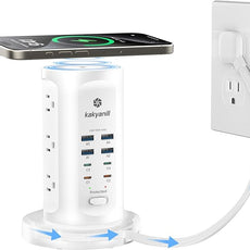 115W USB Charging Station, Surge Protector Power Strip Tower, 9 AC Outlets with 8 USB Ports(4 USB-C), 6Ft Flat Plug Retractable Extension Cord, for Home Office Dorm, White