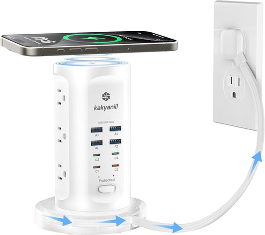 115W USB Charging Station, Surge Protector Power Strip Tower, 9 AC Outlets with 8 USB Ports(4 USB-C), 6Ft Flat Plug Retractable Extension Cord, for Home Office Dorm, White