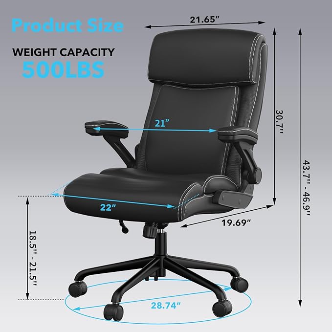 Big and Tall Office Chair -500 lb Heavy Duty Office Chair for Big Man, High Back Leather Executive Office Desk Chair with 120° Tilt Rock,Executive Computer Desk Chair with Flip Up Arm (Black)