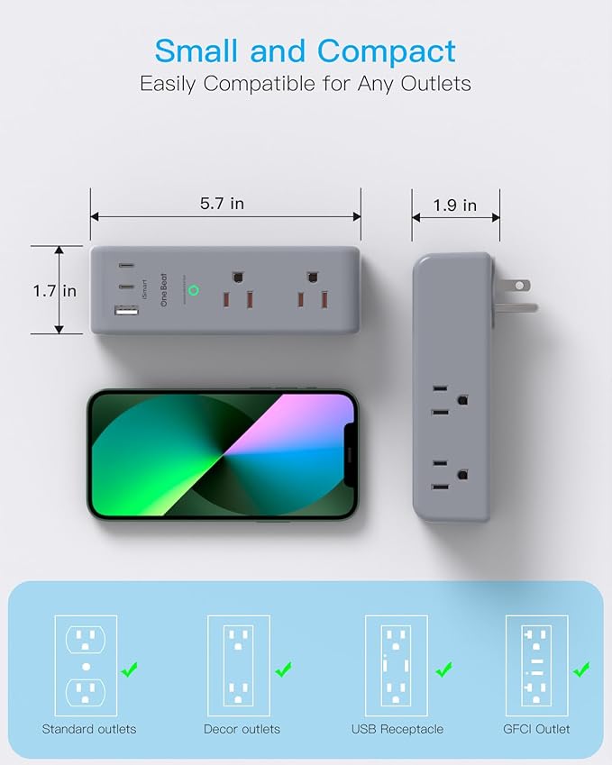 Surge Protector Outlet Extender with Rotating Plug, 6 AC Multi Plug Outlet with 3 USB Ports (2 USB C), 1800 Joules, 3-Sided Swivel Power Strip with Spaced Outlet Splitter for Home, Office, Dorm, Grey