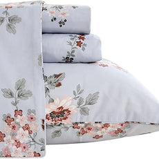 FADFAY Elegant Floral Full Sheet Set - Shabby Grey Bird Print Flower Bed Sheets, Vintage Farmhouse 100% Cotton Ultra Soft Girls Bedding With Deep Pocket Fitted Sheet, 4Pcs, Full Size