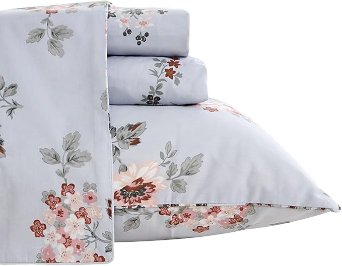 FADFAY Elegant Floral Full Sheet Set - Shabby Grey Bird Print Flower Bed Sheets, Vintage Farmhouse 100% Cotton Ultra Soft Girls Bedding With Deep Pocket Fitted Sheet, 4Pcs, Full Size