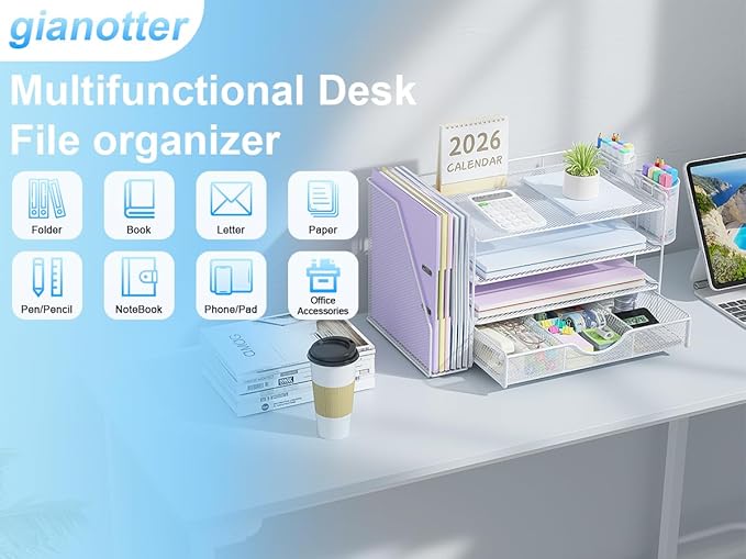 gianotter Desk Organizers and Accessories with File Holder, 4-Tier Desk Accessories & Workspace Organizers with Drawer and 2 Pen Holder, Paper Organizer for Office Supplies (White)