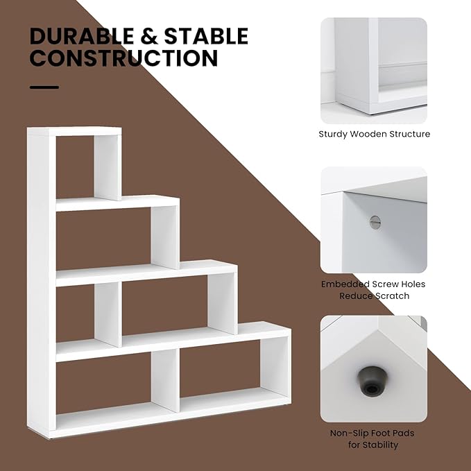 Tangkula 6 Cubes Bookshelf, Freestanding 6-Cube Stepped Etagere Bookcase, L Shaped Ladder Corner Open Bookshelf, Wood Storage Display Shelf for Living Room Home Office, 61 x 11.5 x 64 Inch (White)