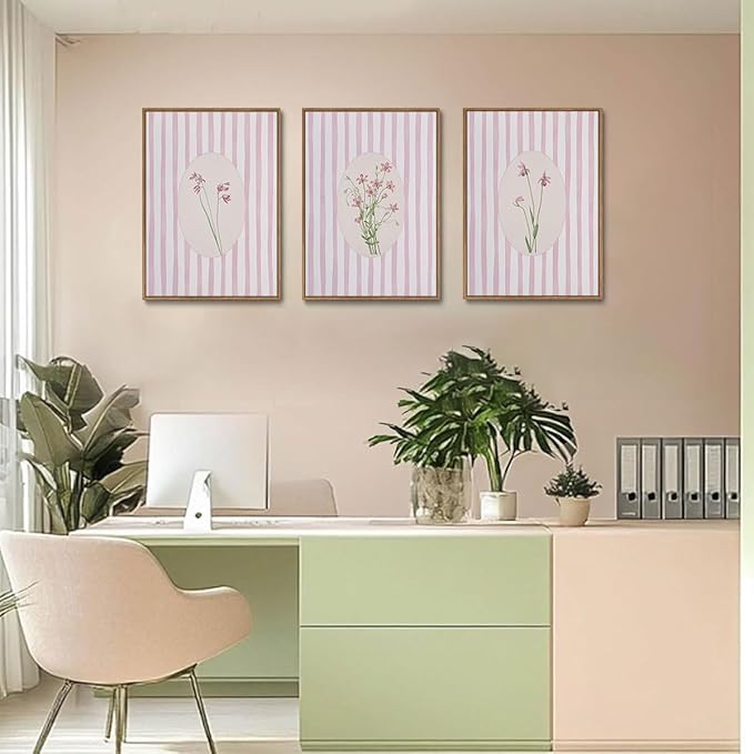 KISSFOX 3 Piece Floral Framed Wall Art Pink Wildflower Canvas Wall Art Flower Pictures Wall Decor Boho Botanical Paintings Poster Wall Decor For Girly Room Bedroom Apartment Dorm Living Room