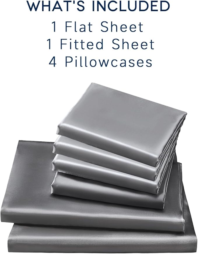 Satin Sheets Queen Size - 6 Pieces Luxury Silky Soft Bed Sheets, Wrinkle-Free Dark Grey Satin Silk Sheet Set with 1 Deep Pocket Fitted Sheet, 1 Flat Sheet, 4 Pillow Cases