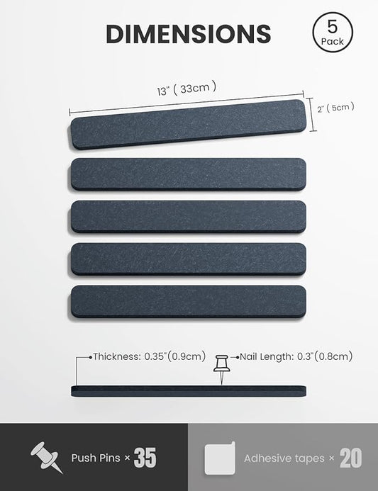 Cork Board Alternative Felt Strip Board 5-Pack 13"x2", Office Pin Board with 35 Push Pins, Adhesive Install for Bedroom Door & Home Office(Deep Charcoal Blue)