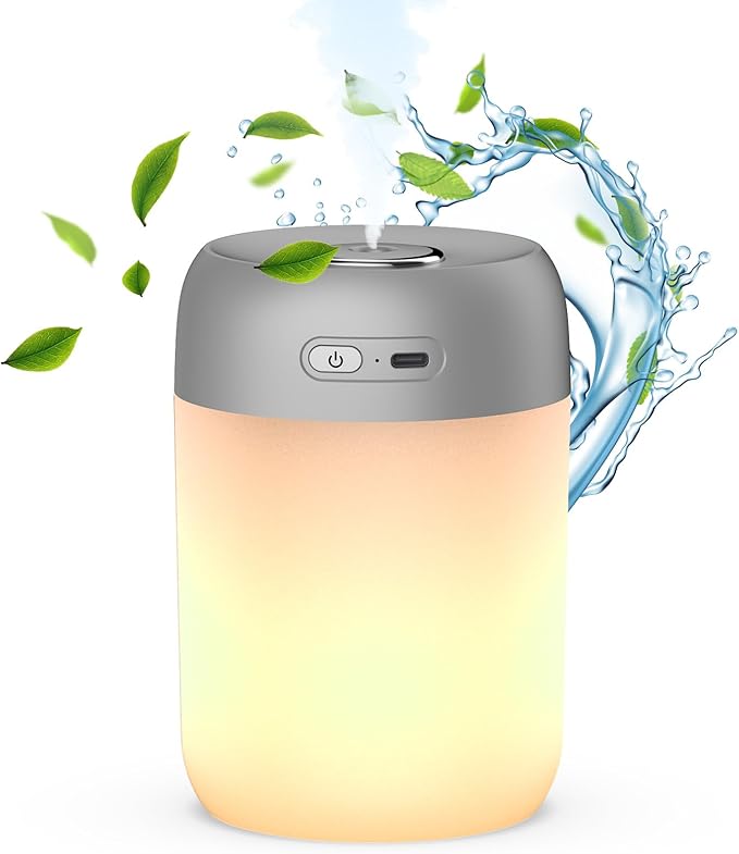 Night Lights Humidifiers For Bedroom, USB Rechargeable, LED Lights For Bedroom,4 Mode Portable Humidifier Fit For Various Scenarios,<28dB, Auto Shut-off, Ideal For Home Travel Plants(Gray）