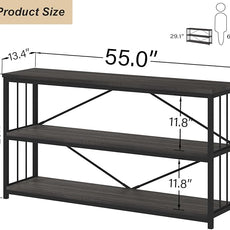 HSH 3 Tier Bookshelf, Wood Metal Low Horizontal Bookcase with Storage, Industrial 3 Tier Long Bookshelves Shelf for Bedroom, Modern Wooden Open Etagere Bookcase for Living Room, Dark Gray, 55 Inch