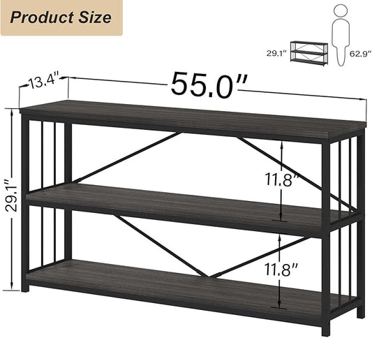 HSH 3 Tier Bookshelf, Wood Metal Low Horizontal Bookcase with Storage, Industrial 3 Tier Long Bookshelves Shelf for Bedroom, Modern Wooden Open Etagere Bookcase for Living Room, Dark Gray, 55 Inch