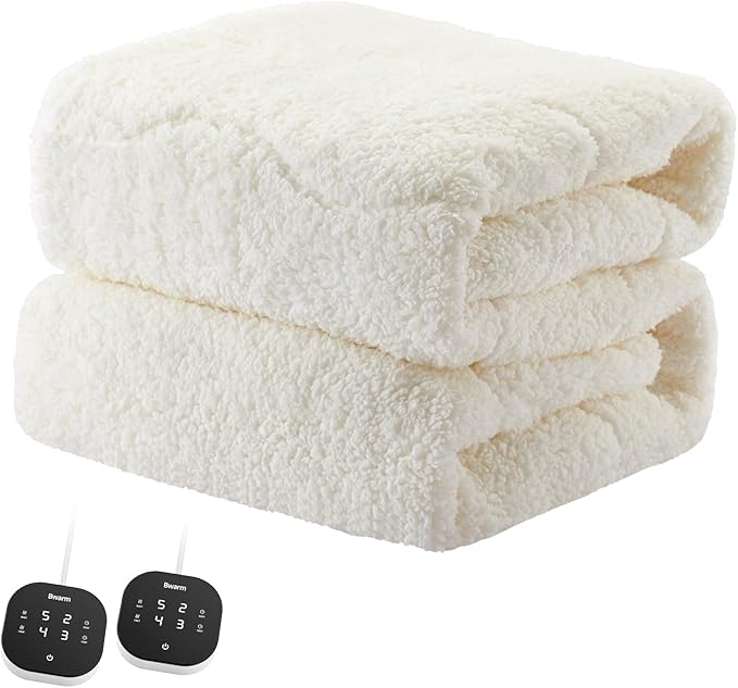 Bwarm Multizone Heated Mattress Pad Queen, Electric Mattress Pad Sherpa Fleece Bed Warmer with 9 Heat Settings, 1-12 Hours Auto Off Deep Pocket, Machine Washable, Wave White Queen 60" x 80"